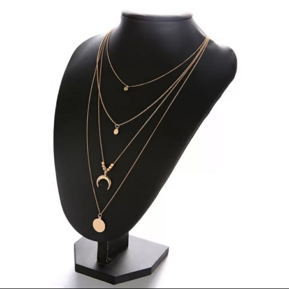 BOHO Crescent Horn Moon Charm Multi Layered Pendant Gold Necklace Choker - Picture 3 of 4